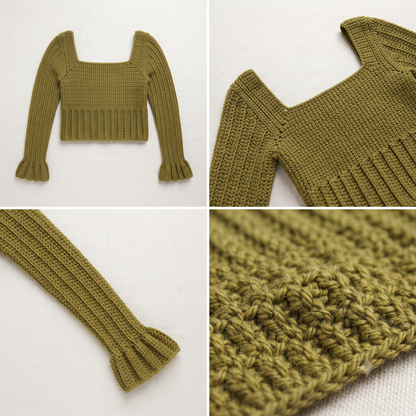 Olive Long-Sleeve Ribbed Square-Neck Crop Top Crochet Pattern | Wearable Apparel Digital PDF Download