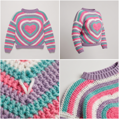 Heart-Motif Striped Sweater Crochet Pattern | Wearable Apparel Digital PDF Download