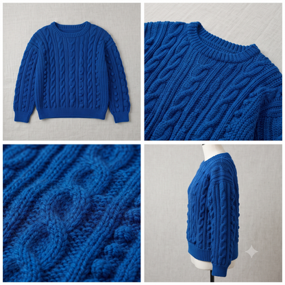 Royal Blue Cable-Knit Crewneck Sweater Crochet Pattern | Wearable Apparel Digital PDF Download