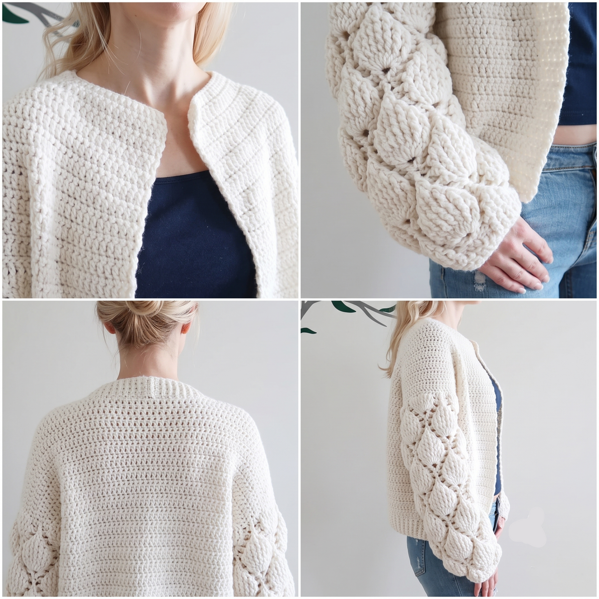 A four-panel collage showing a woman wearing a chunky crocheted cardigan. The cardigan is off-white/cream with a textured bobble pattern on the sleeves and a draped open-front design.